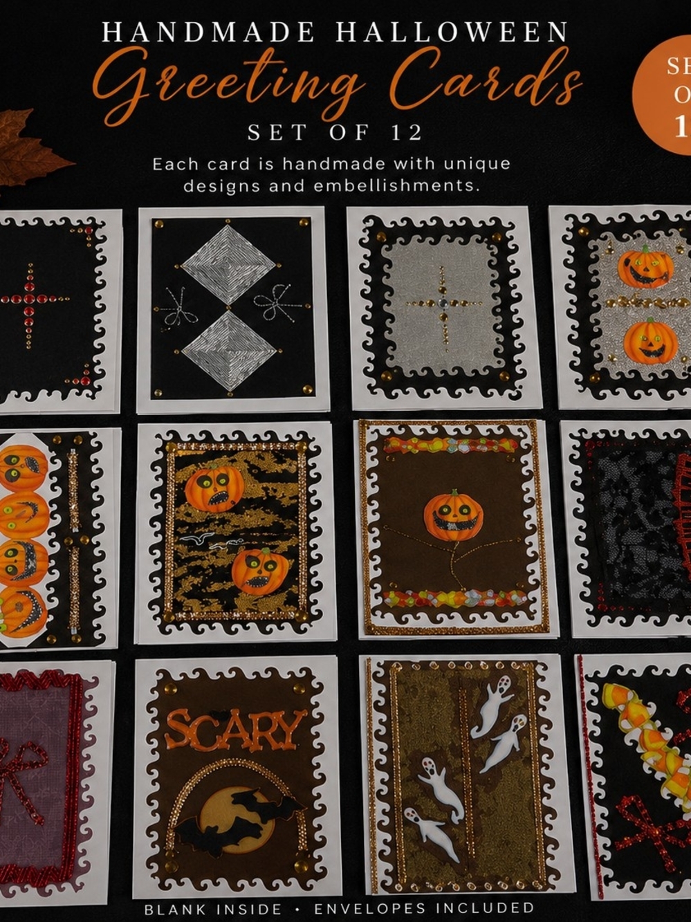 Handmade Halloween Greeting Cards Set of 12 - Black, Orange, Gold